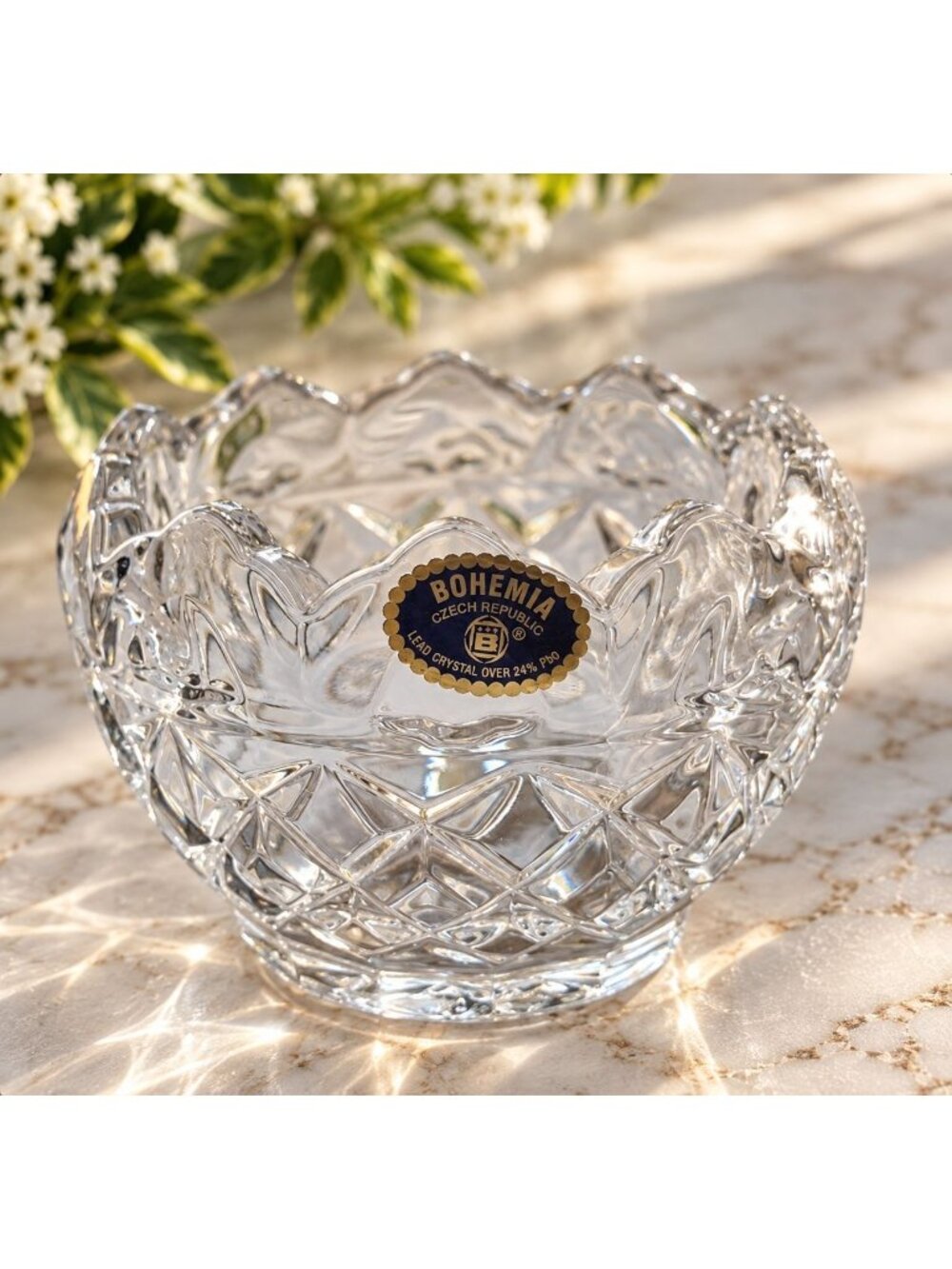 Bohemia Czech Republic Lead Crystal Bowl 24% PbO Cut Crystal Scalloped Rim